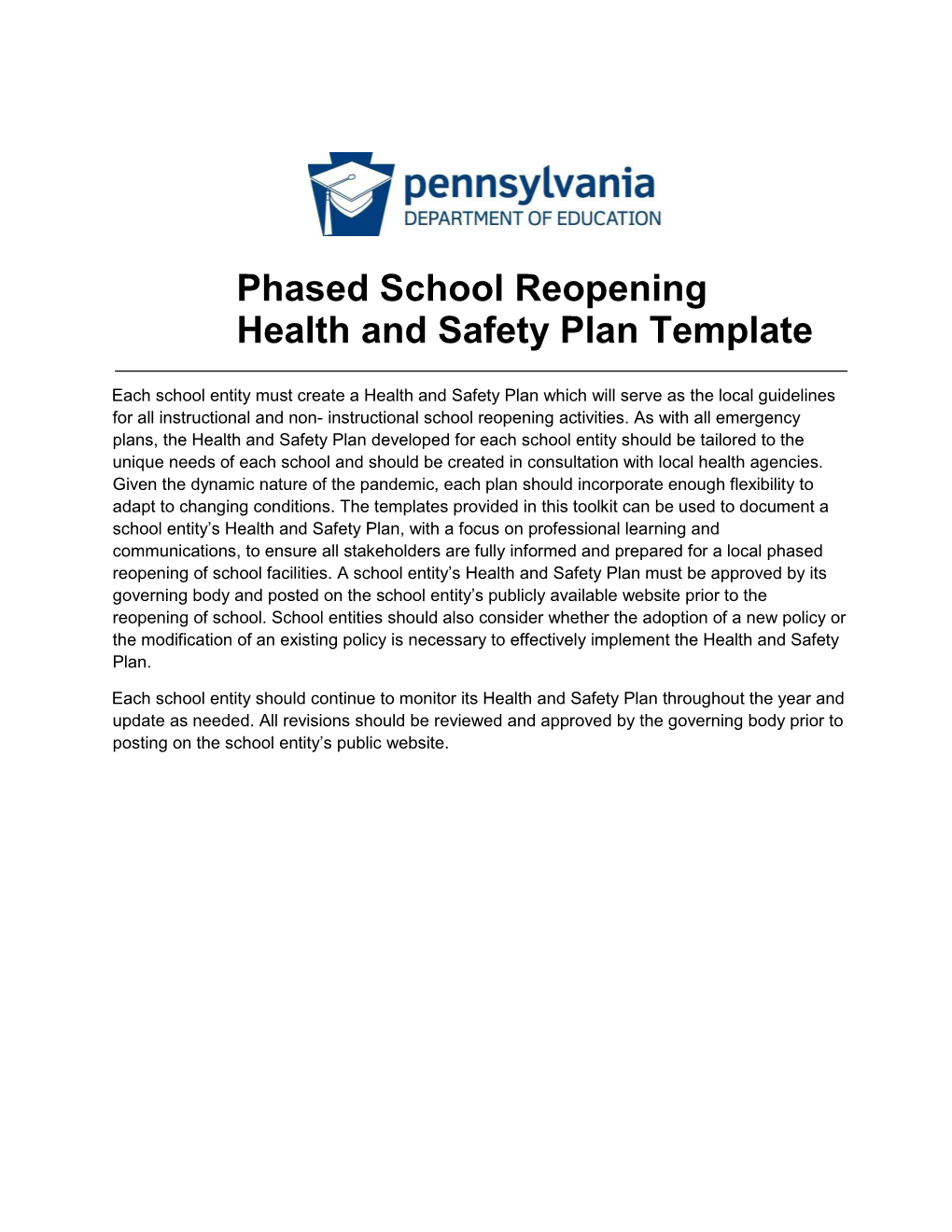 Phased School Reopening Health and Safety Plan Template