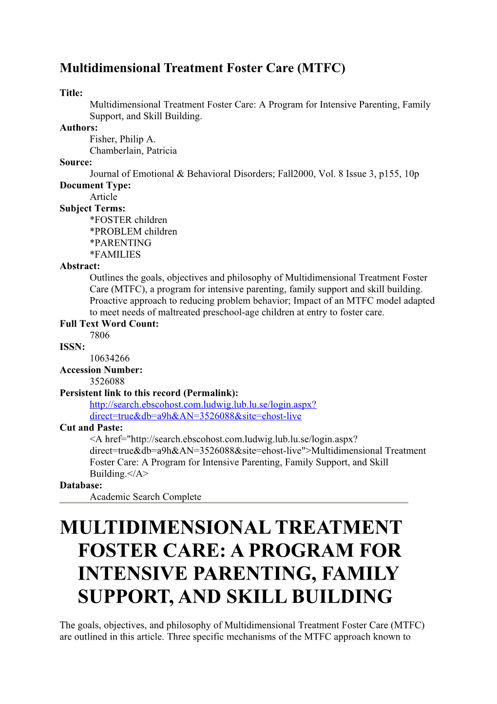 Multidimensional Treatment Foster Care (MTFC)
