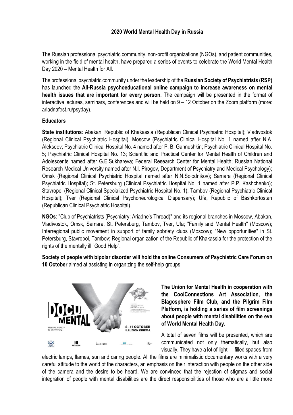 2020 World Mental Health Day in Russia the Russian Professional Psychiatric Community, Non-Profit Organizations (Ngos), and Pati