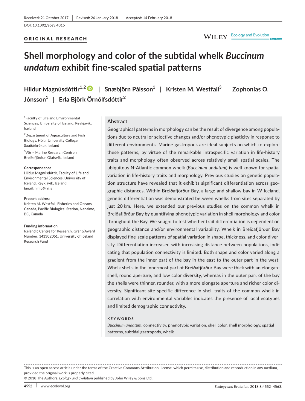 Shell Morphology and Color of the Subtidal Whelk Buccinum Undatum Exhibit Fine-­Scaled Spatial Patterns