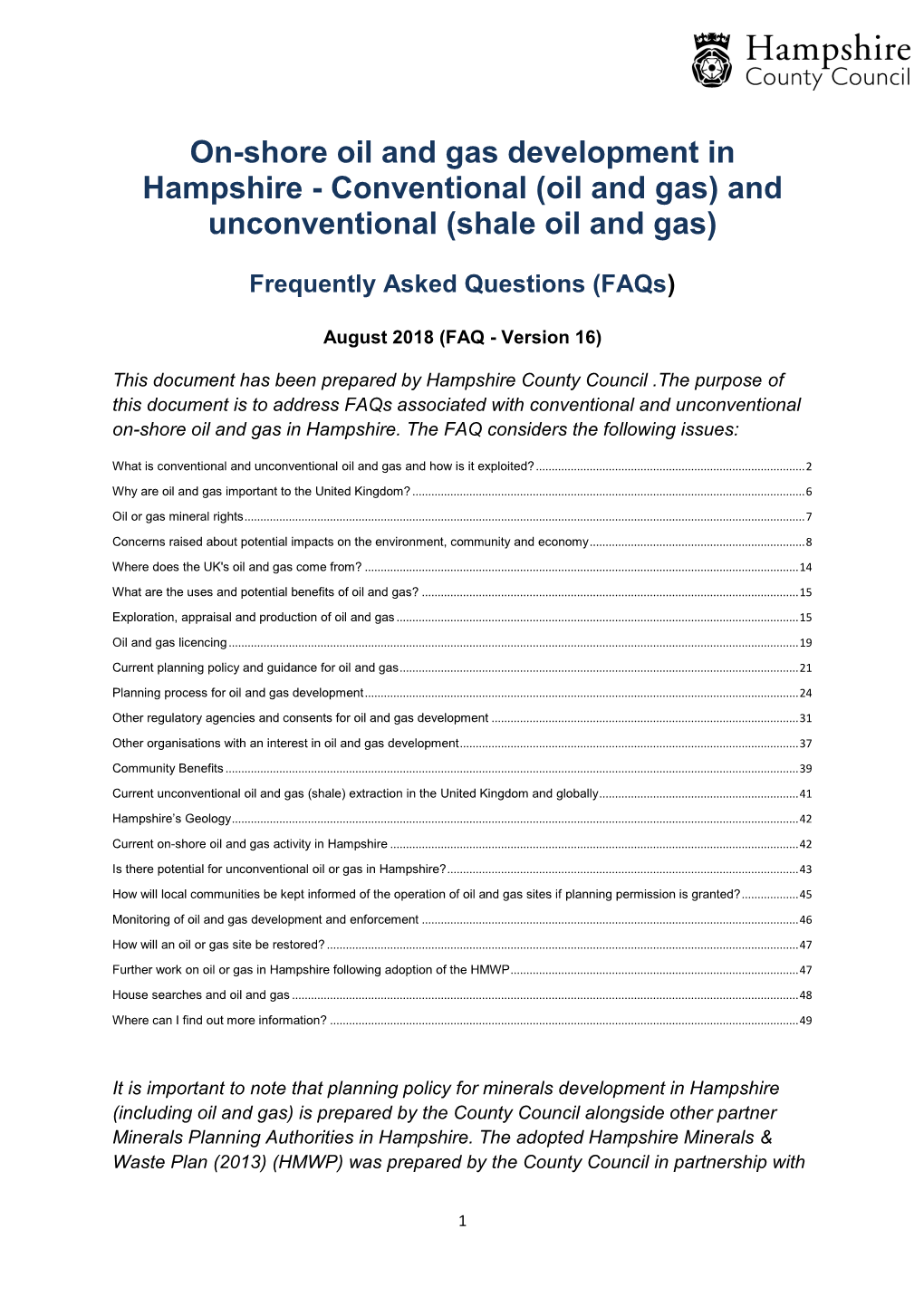 On-Shore Oil and Gas Development in Hampshire - Conventional (Oil and Gas) and Unconventional (Shale Oil and Gas)