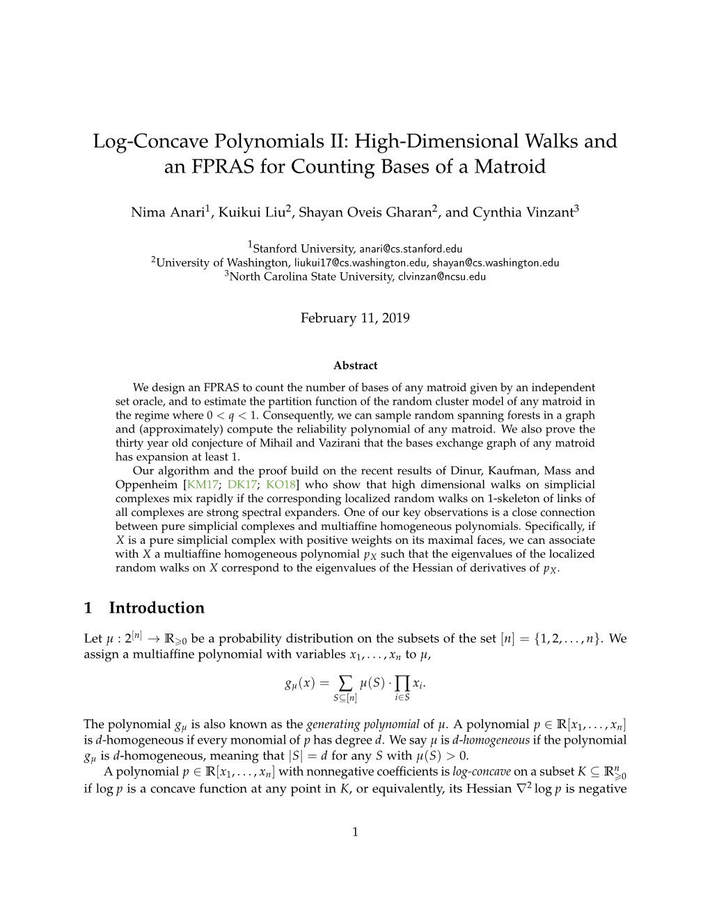 Log-Concave Polynomials II: High-Dimensional Walks and an FPRAS for Counting Bases of a Matroid