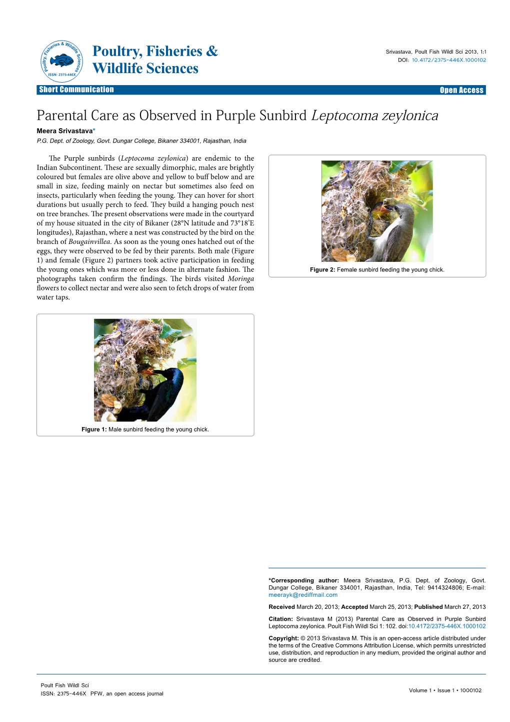Parental Care As Observed in Purple Sunbird Leptocoma Zeylonica Meera Srivastava* P.G