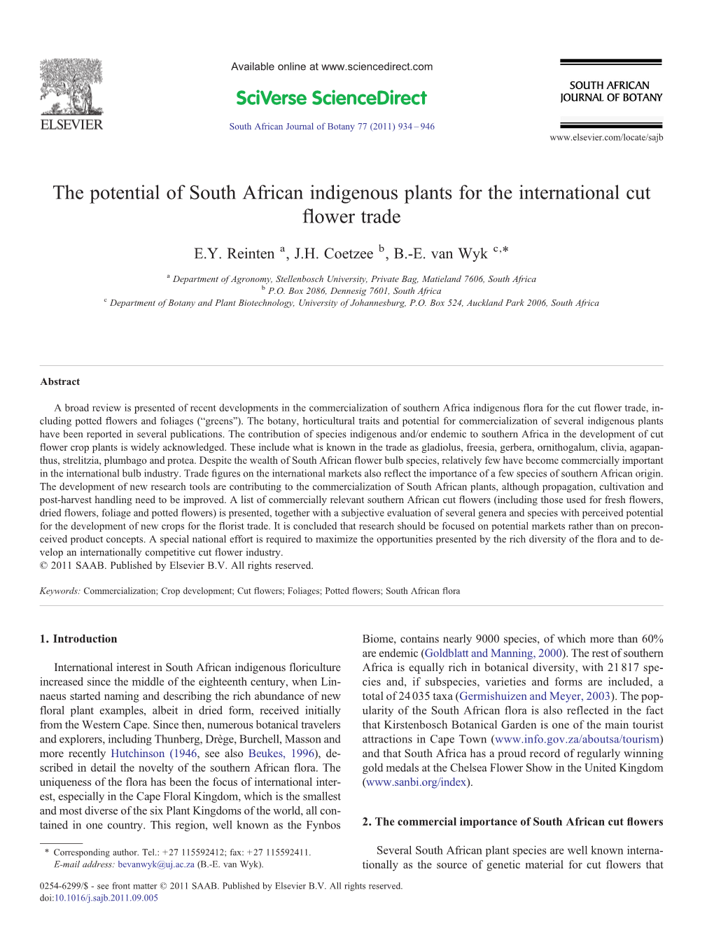 The Potential of South African Indigenous Plants for the International Cut ﬂower Trade ⁎ E.Y