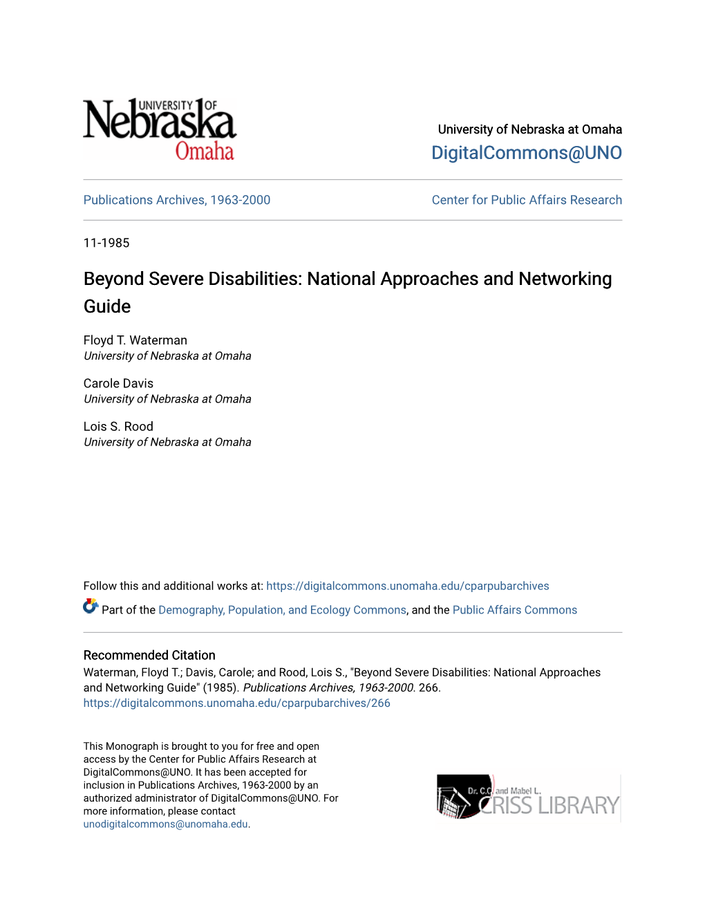 Beyond Severe Disabilities: National Approaches and Networking Guide