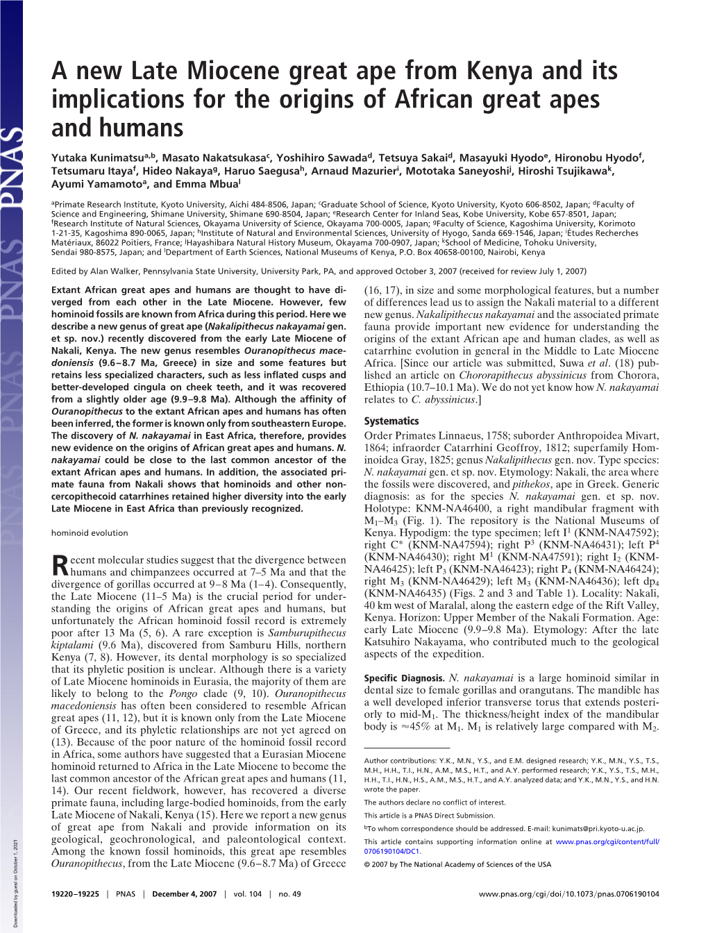 A New Late Miocene Great Ape from Kenya and Its Implications for the Origins of African Great Apes and Humans