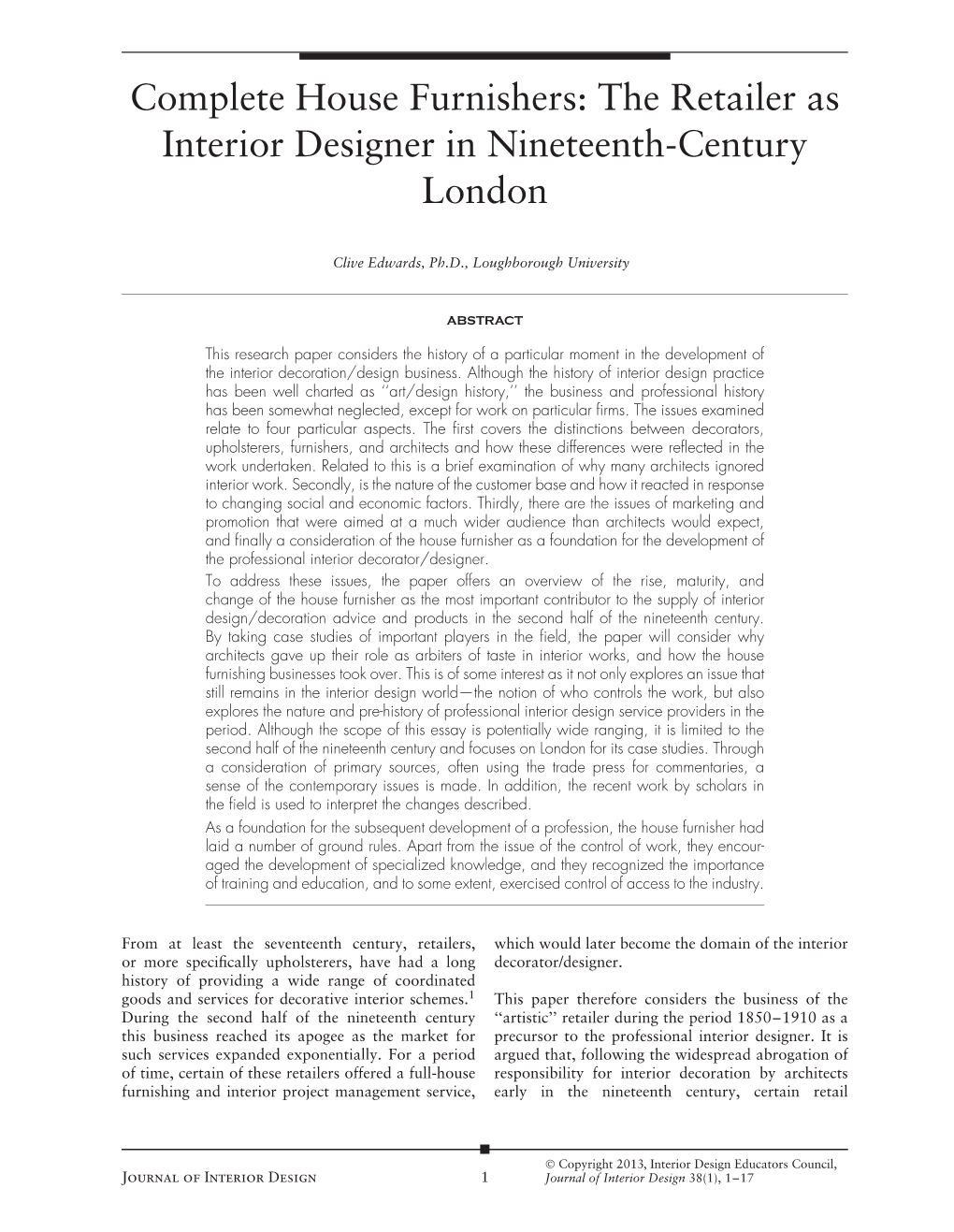 Complete House Furnishers: the Retailer As Interior Designer in Nineteenth-Century London