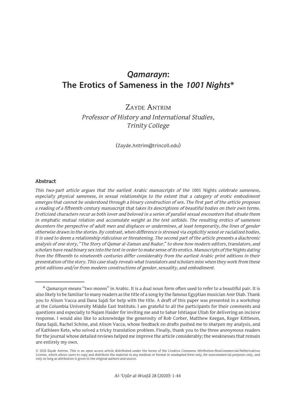 The Erotics of Sameness in the 1001 Nights*