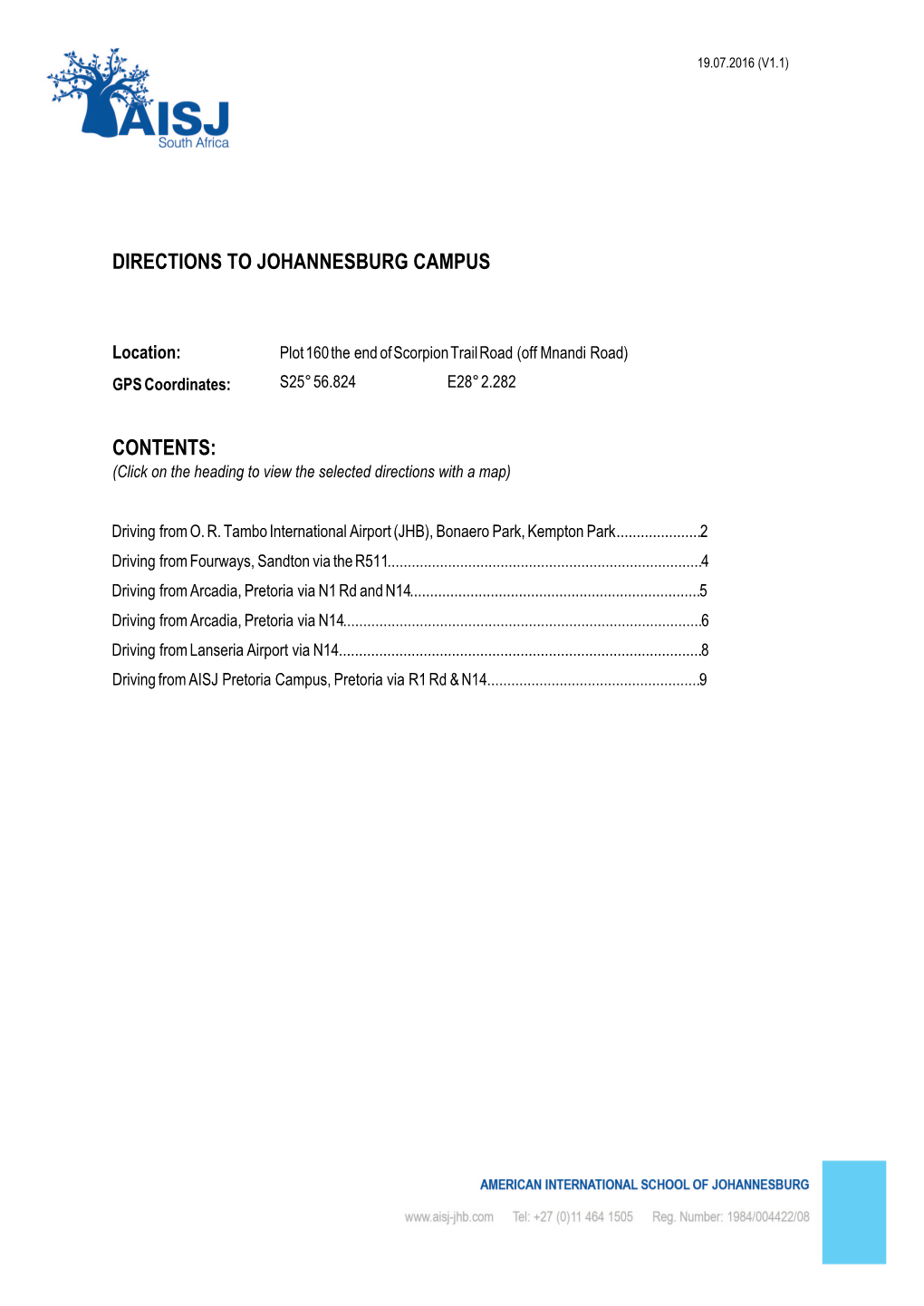 Directions to Johannesburg Campus Contents