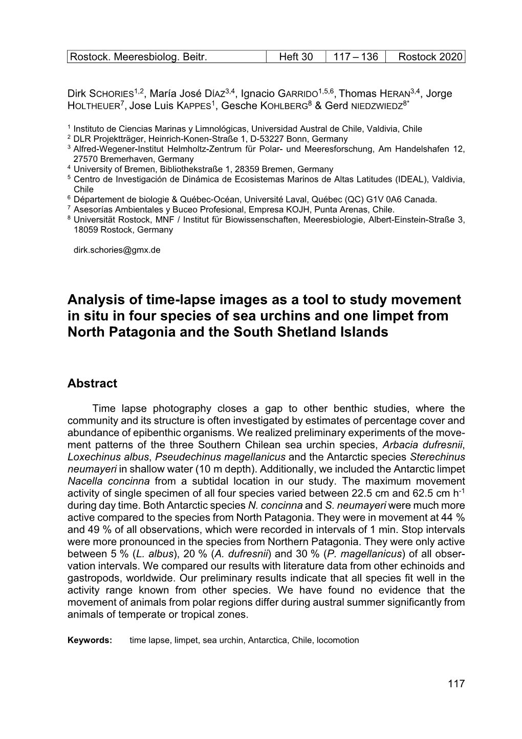 Analysis of Time-Lapse Images As a Tool to Study Movement in Situ in Four Species of Sea Urchins and One Limpet from North Patagonia and the South Shetland Islands