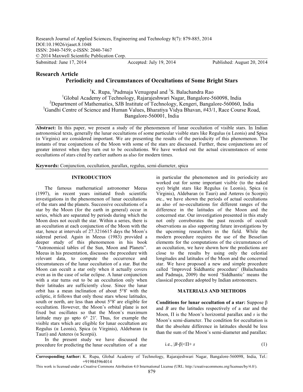 Research Article Periodicity and Circumstances of Occultations of Some Bright Stars