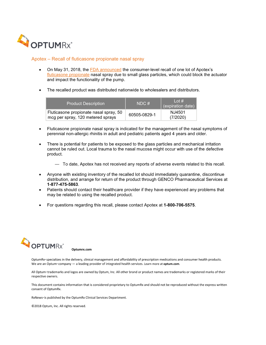 Apotex – Recall of Fluticasone Propionate Nasal Spray