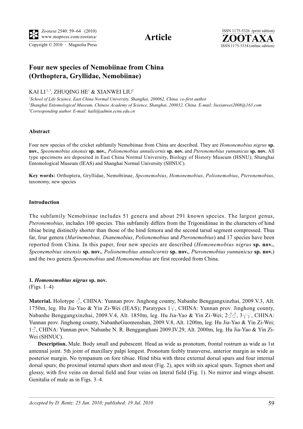 Zootaxa, Four New Species of Nemobiinae from China