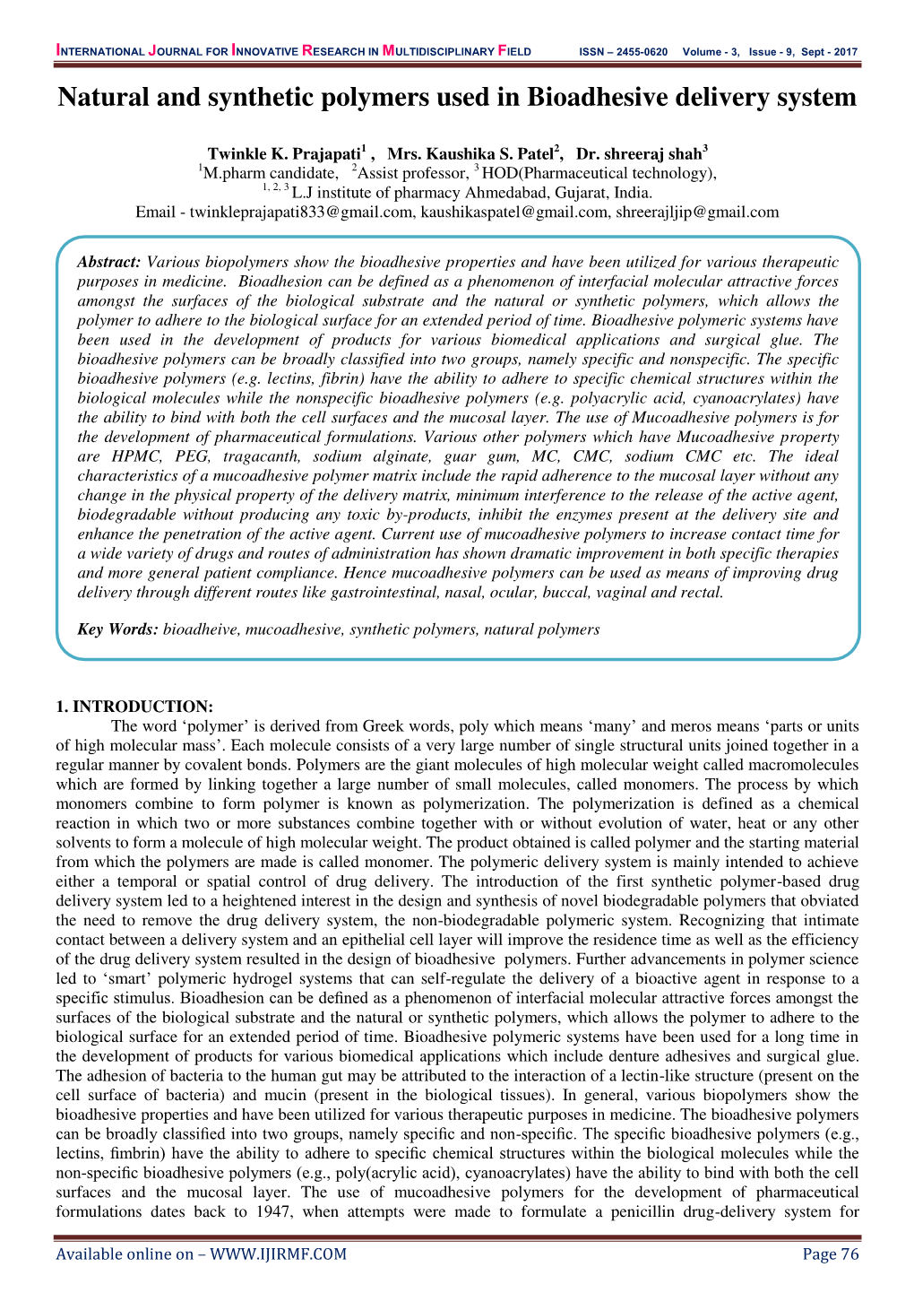 Natural and Synthetic Polymers Used in Bioadhesive Delivery System