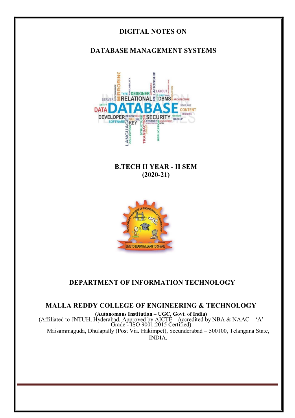 Digital Notes on Database Management Systems B.Tech Ii Year