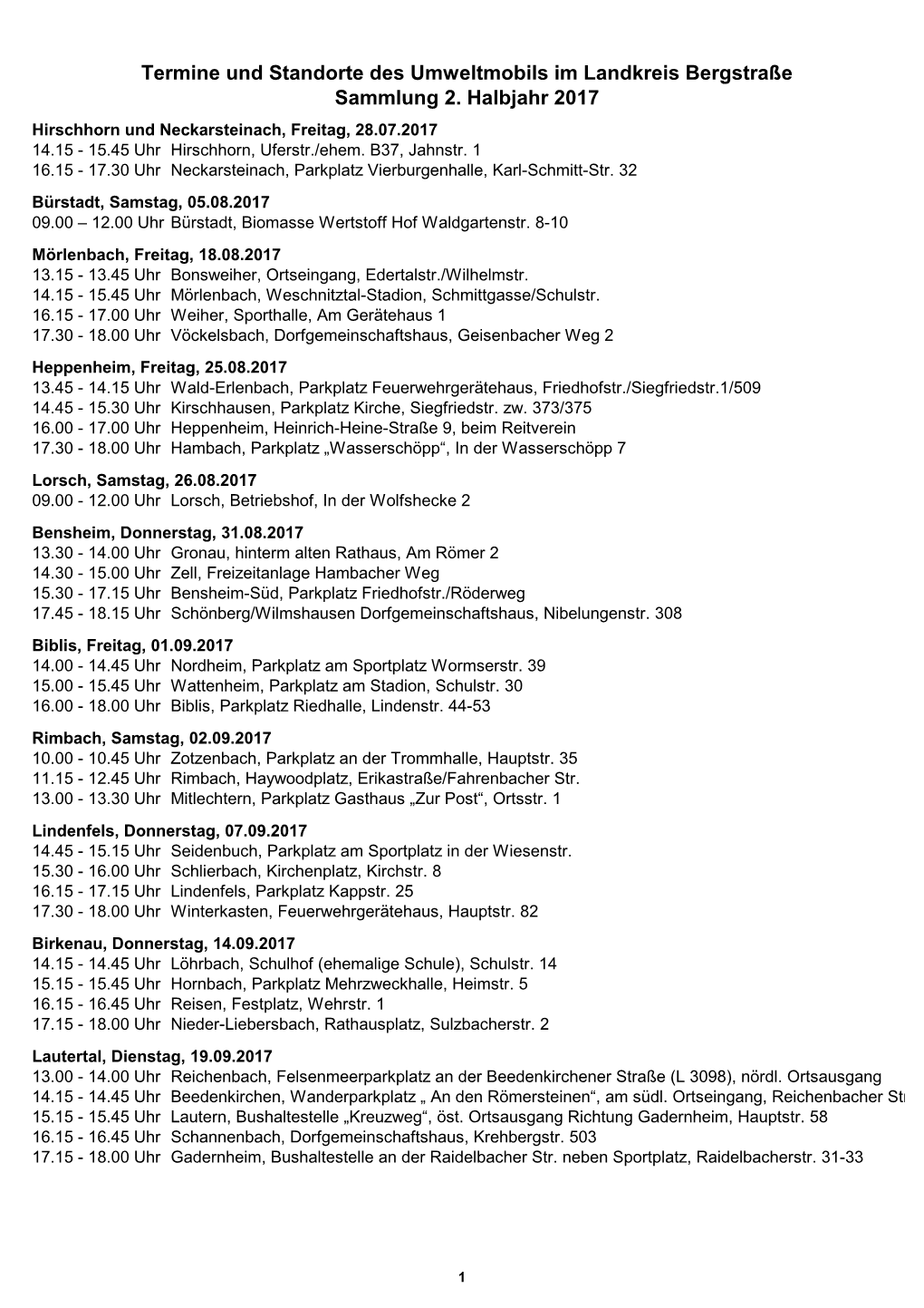 Termine Und Standorte Des Umweltmobils Im Landkreis Bergstraße Sammlung 2