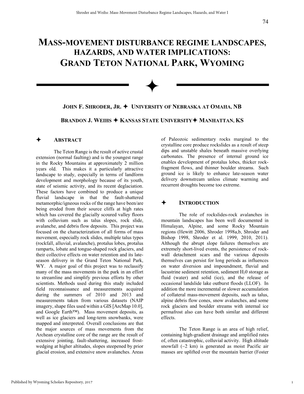 Hazards, and Water Implications: Grand Teton National Park, Wyoming