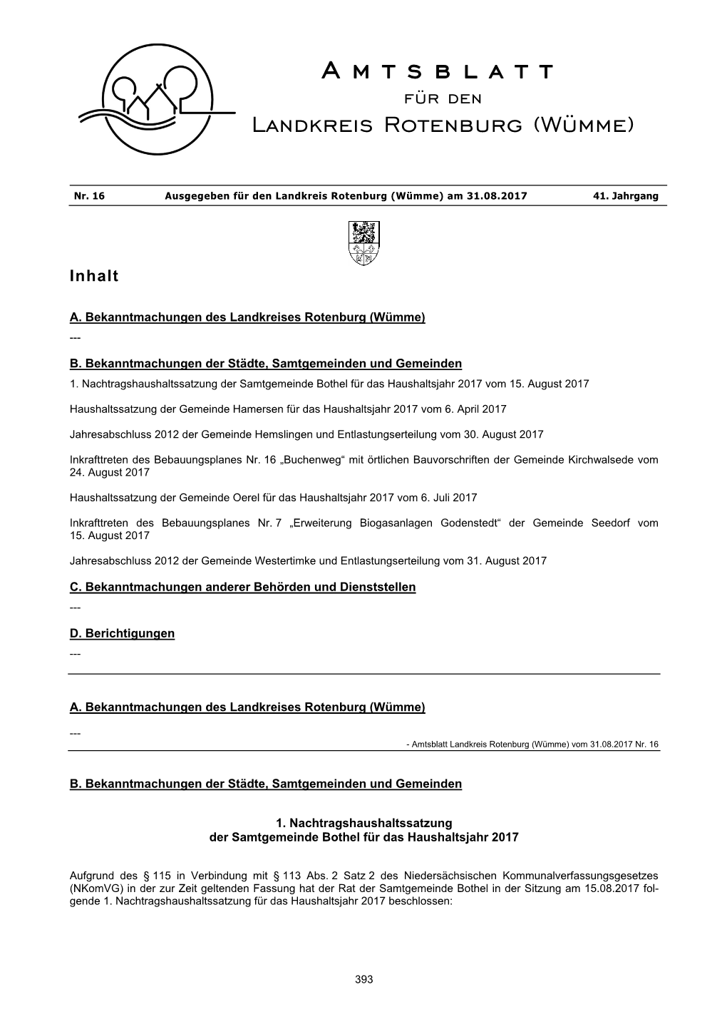 Amtsblatt Für Den Landkreis Rotenburg (Wümme)