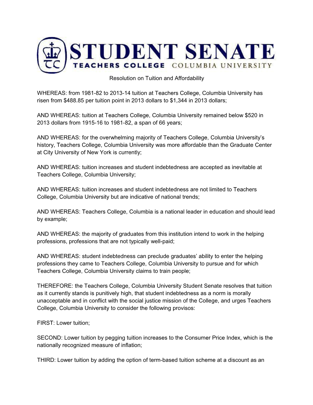 Resolution on Tuition and Affordability