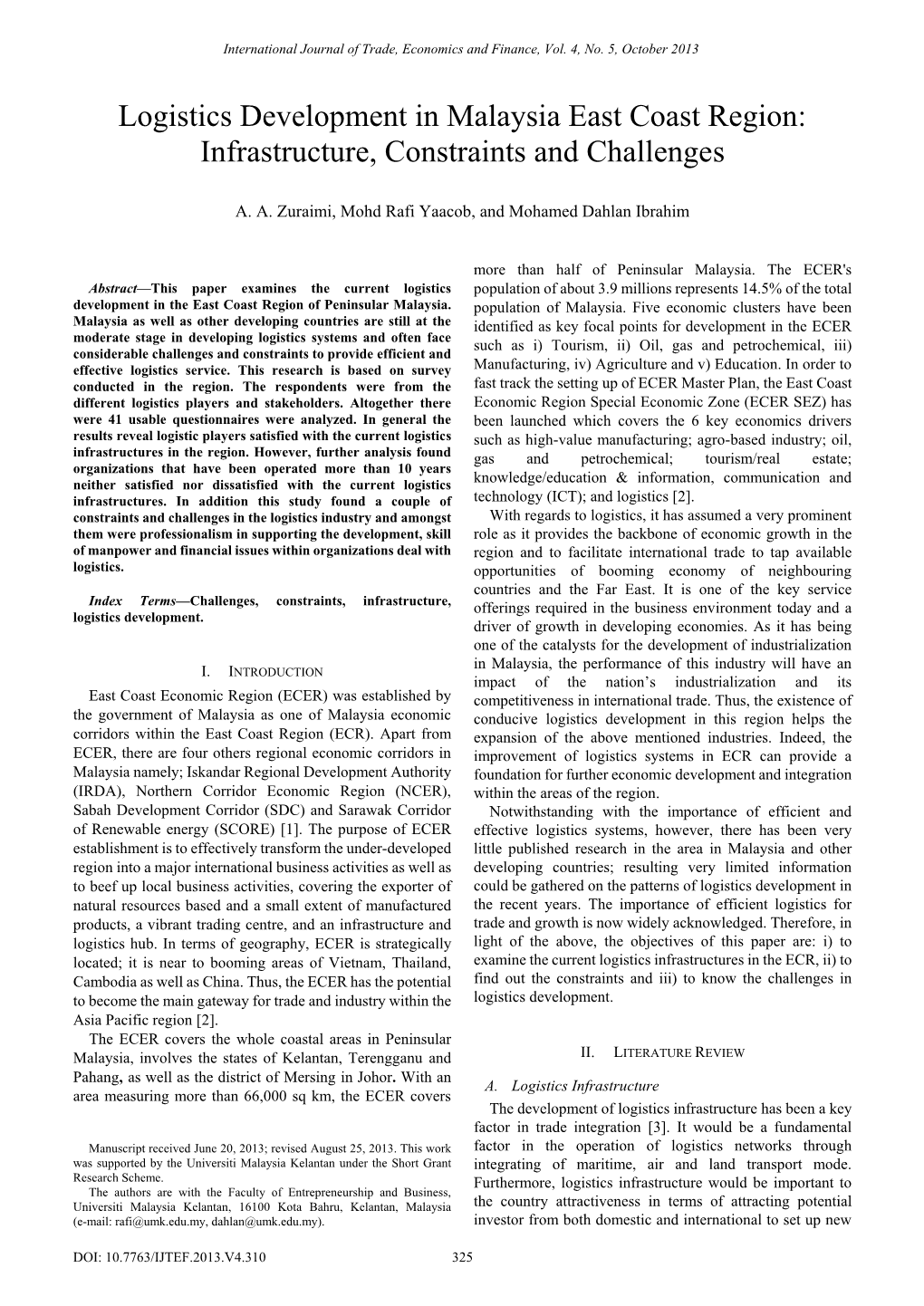 Logistics Development in Malaysia East Coast Region: Infrastructure, Constraints and Challenges