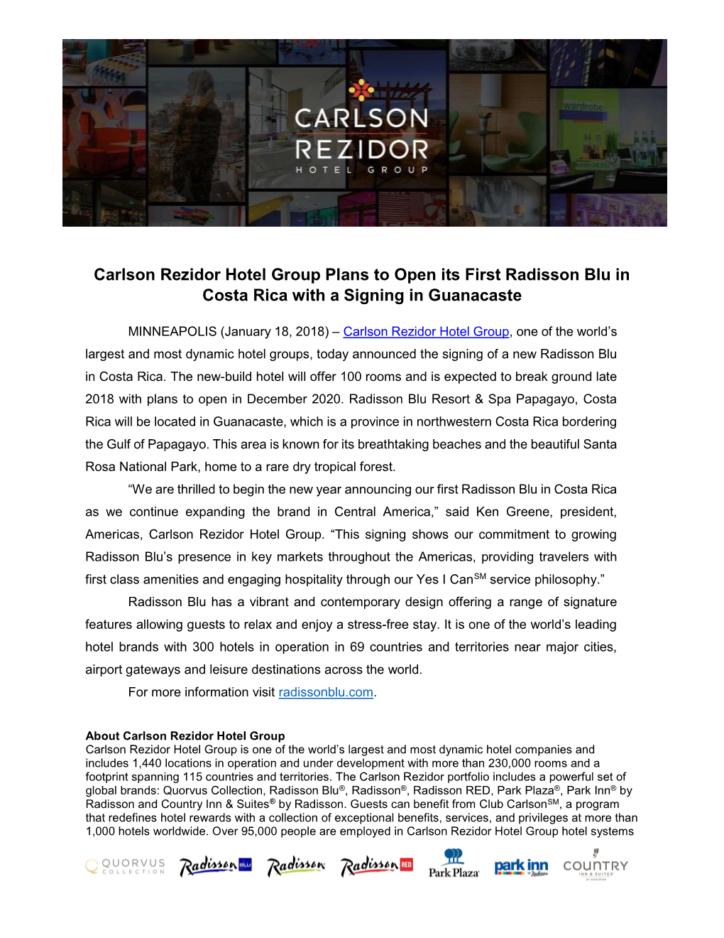 Carlson Rezidor Hotel Group Plans to Open Its First Radisson Blu in Costa Rica with a Signing in Guanacaste