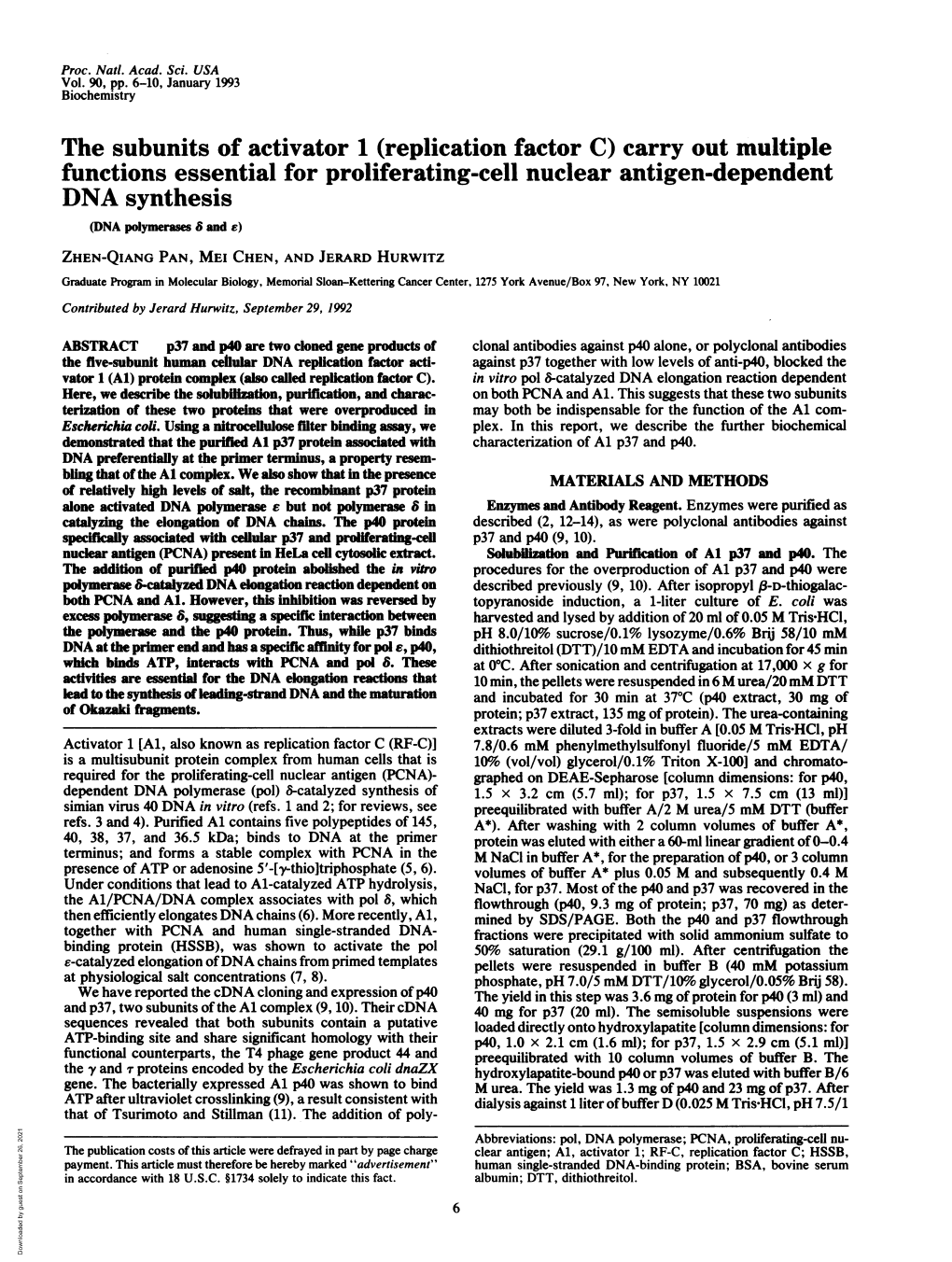 The Subunits of Activator 1 (Replication Factor C) Carry out Multiple Functions