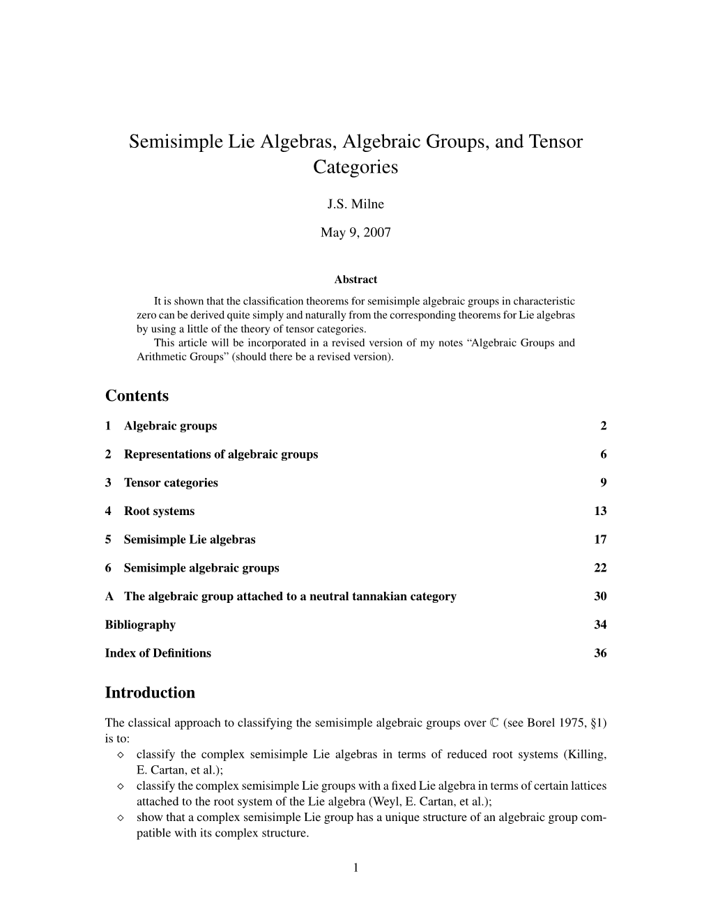 Semisimple Lie Algebras, Algebraic Groups, and Tensor Categories