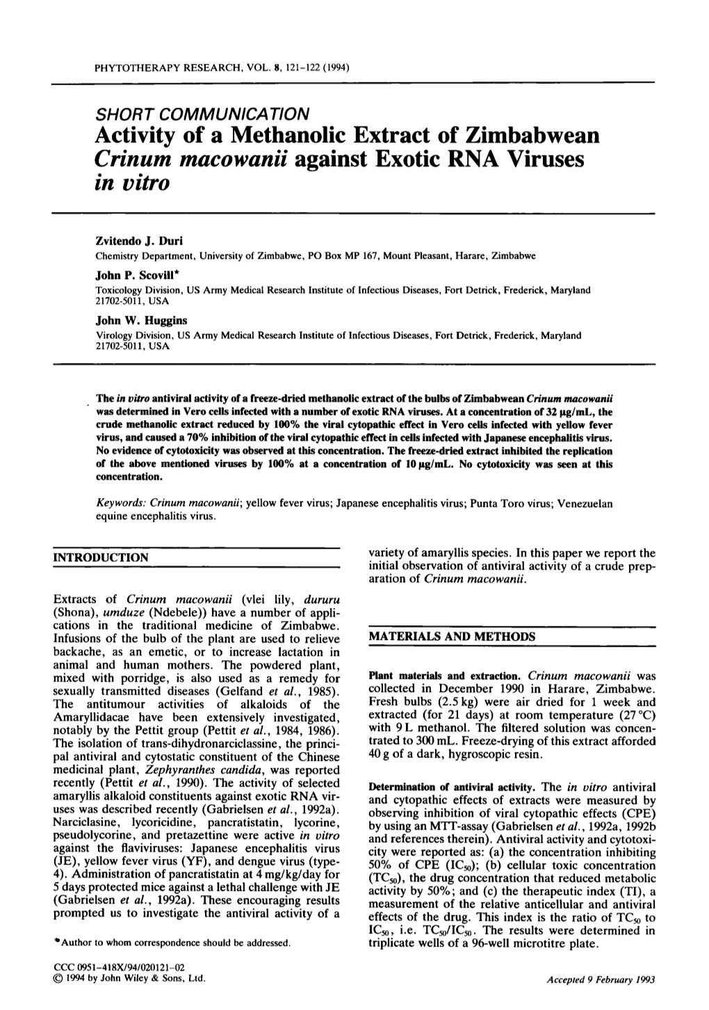 Activity of a Methanolic Extract of Zimbabwean Crinum Macowanii Against Exotic RNA Viruses in Vitro