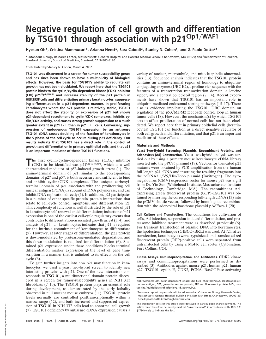 Negative Regulation of Cell Growth and Differentiation by TSG101 Through Association with P21cip1͞waf1