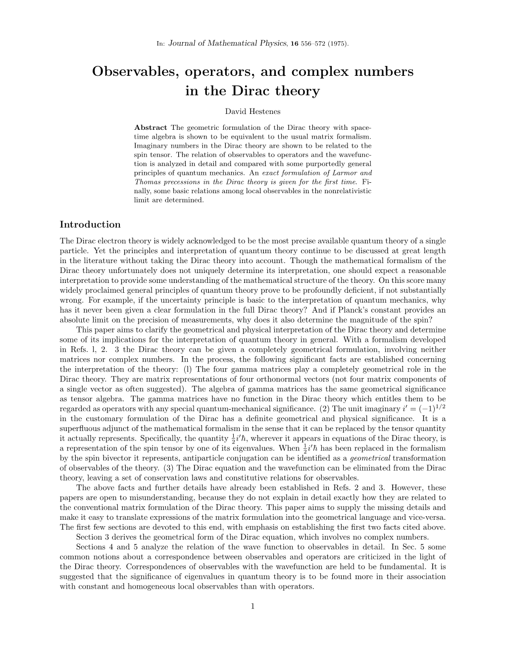 Observables, Operators, and Complex Numbers in the Dirac Theory