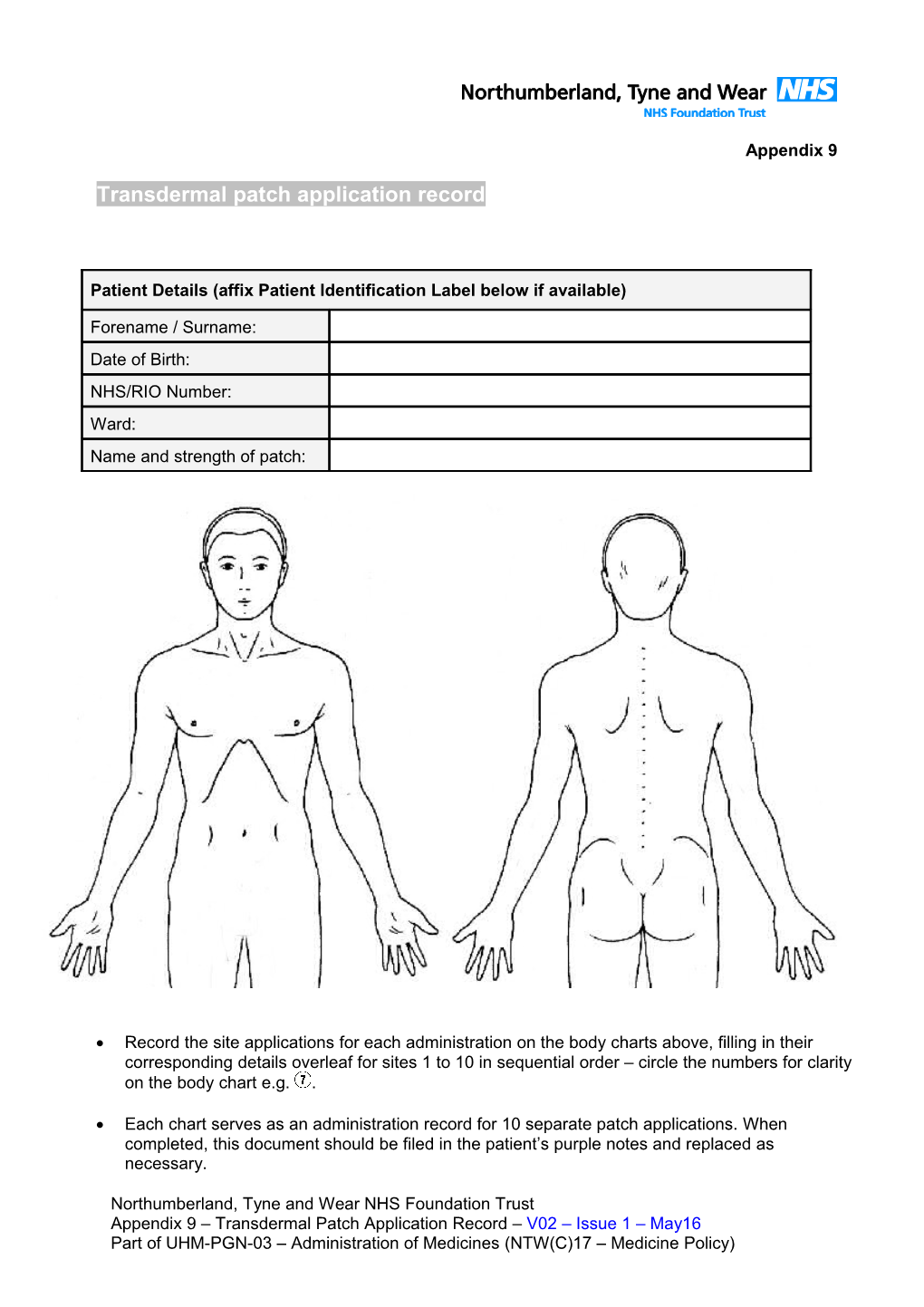 Transdermal Patch Application Record