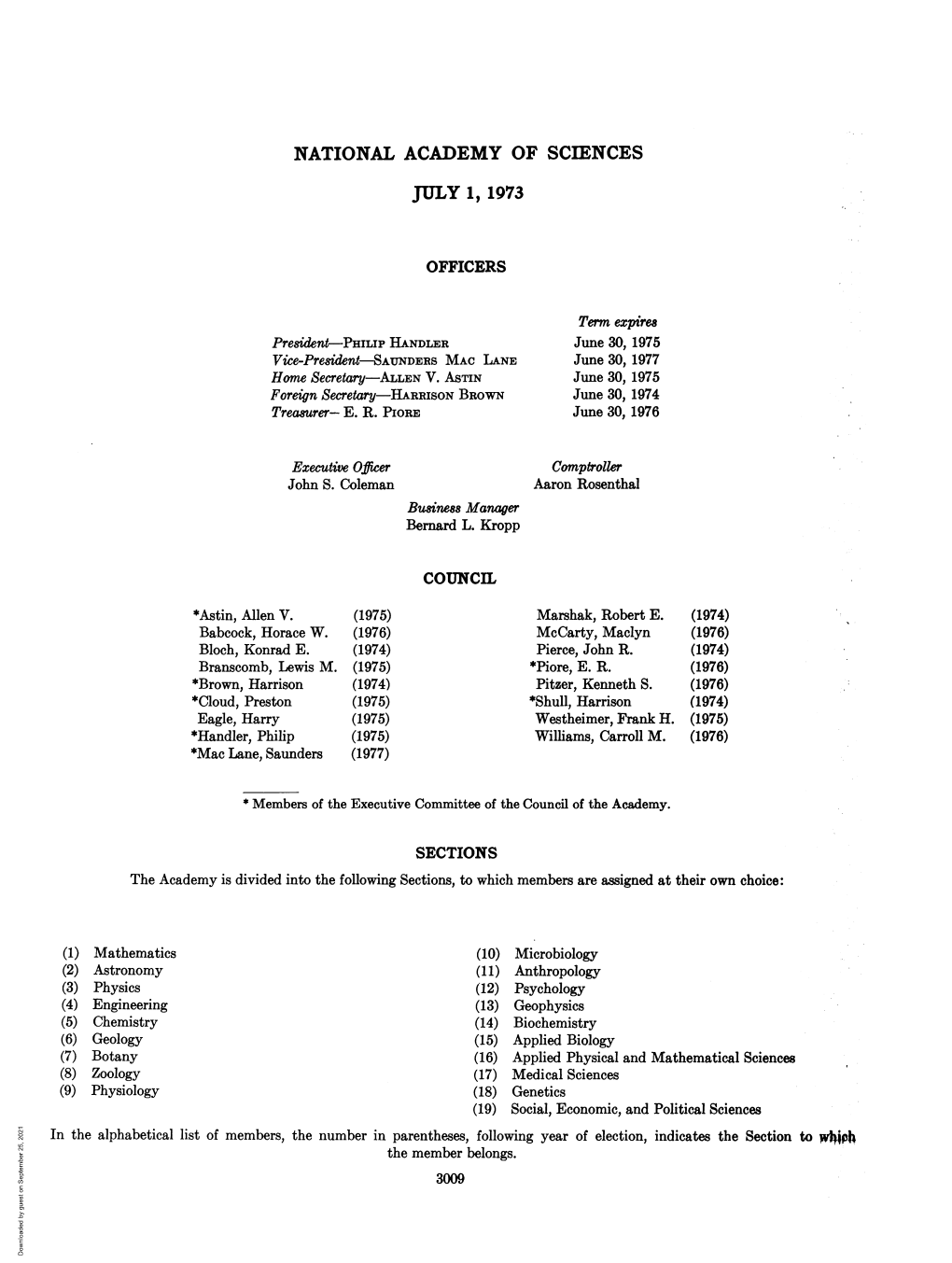 National Academy of Sciences July 1, 1973