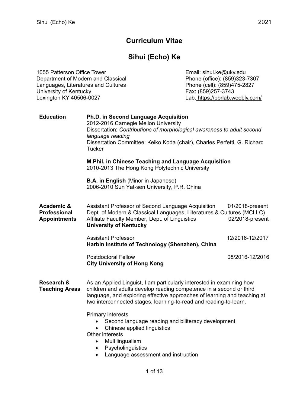 Curriculum Vitae Sihui (Echo)