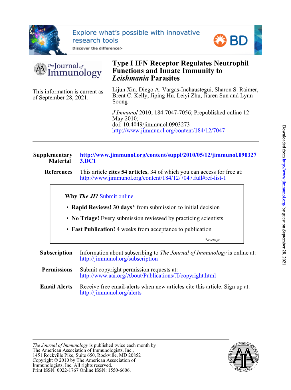 Parasites Leishmania Functions and Innate Immunity to Type I IFN