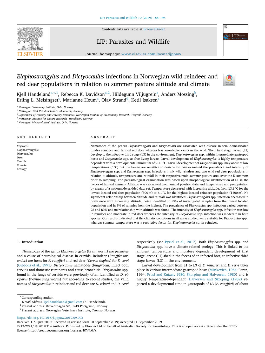 Elaphostrongylus and Dictyocaulus Infections in Norwegian Wild Reindeer and Red Deer Populations in Relation to Summer Pasture Altitude and Climate T