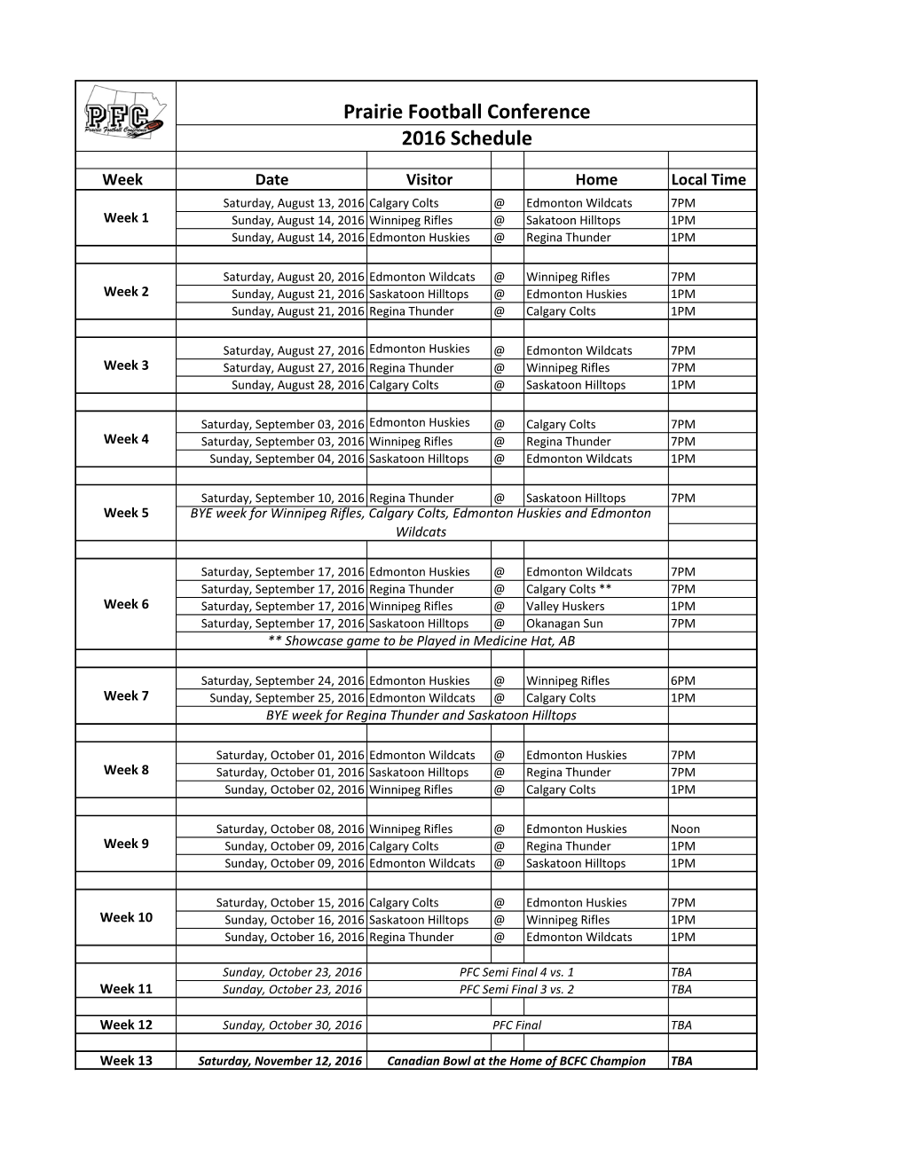 2016 Schedule Prairie Football Conference