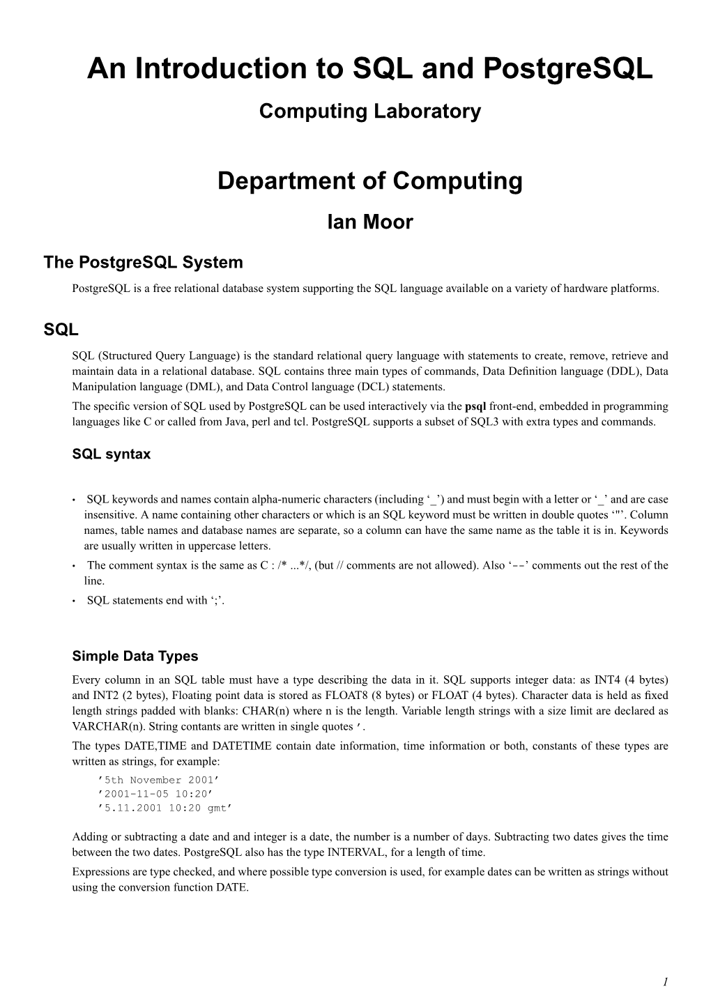 An Introduction to SQL and Postgresql Computing Laboratory