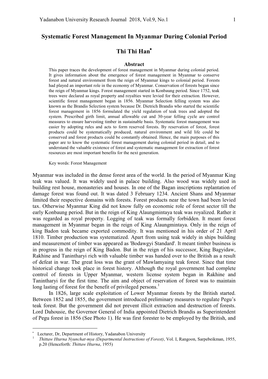 Systematic Forest Management in Myanmar During Colonial Period