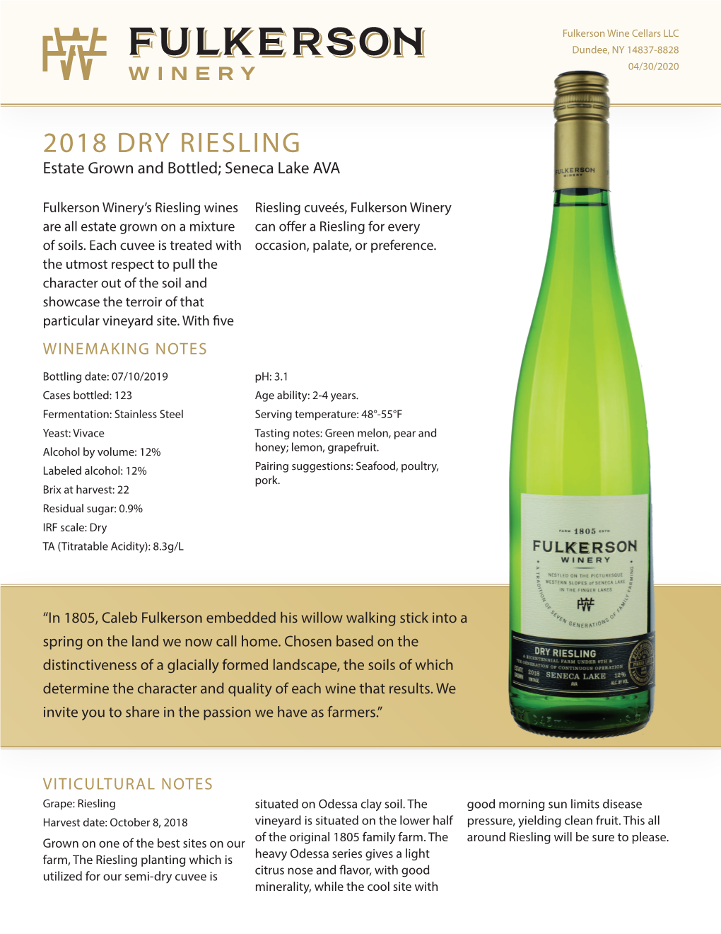 2018 DRY RIESLING Estate Grown and Bottled; Seneca Lake AVA