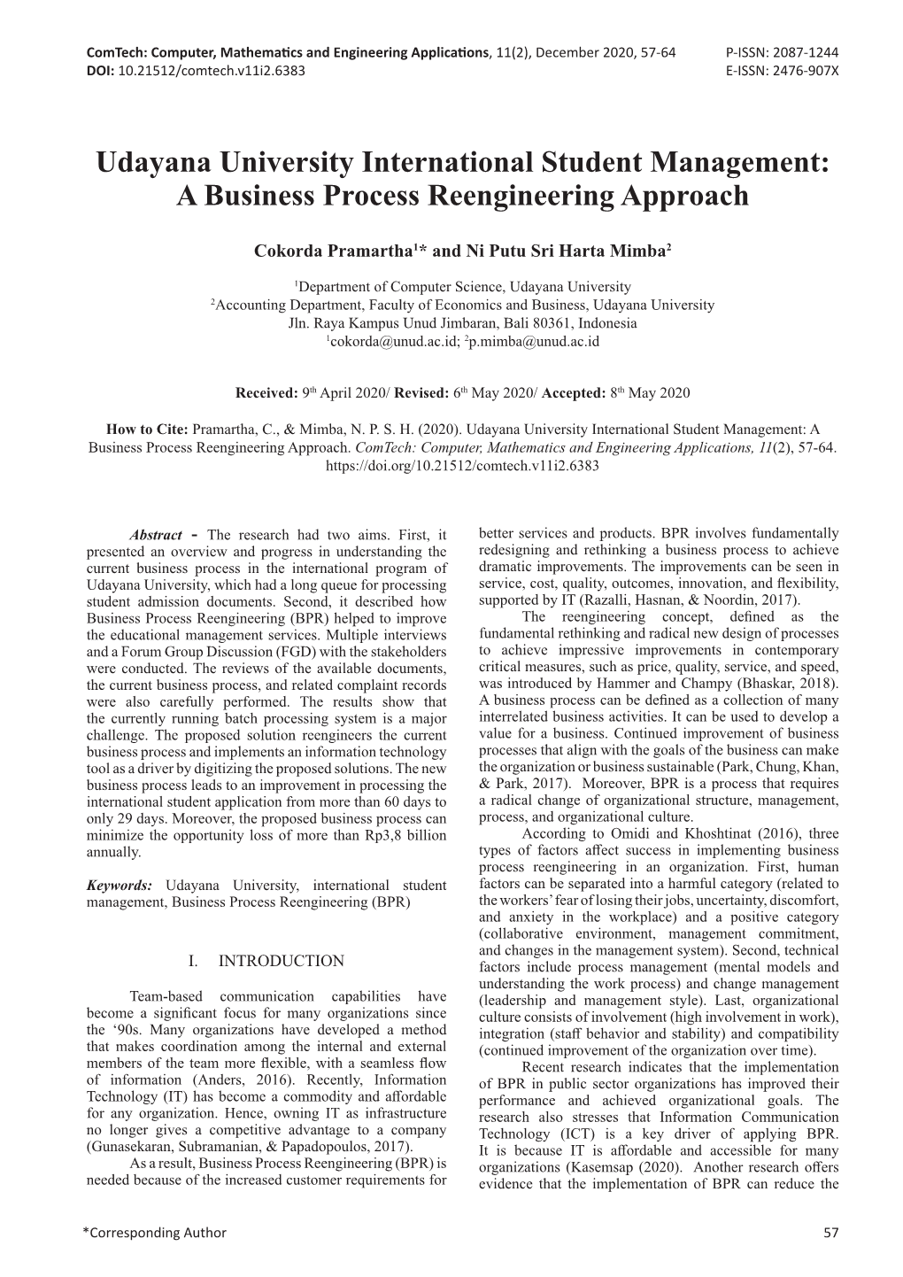 Udayana University International Student Management: a Business Process Reengineering Approach