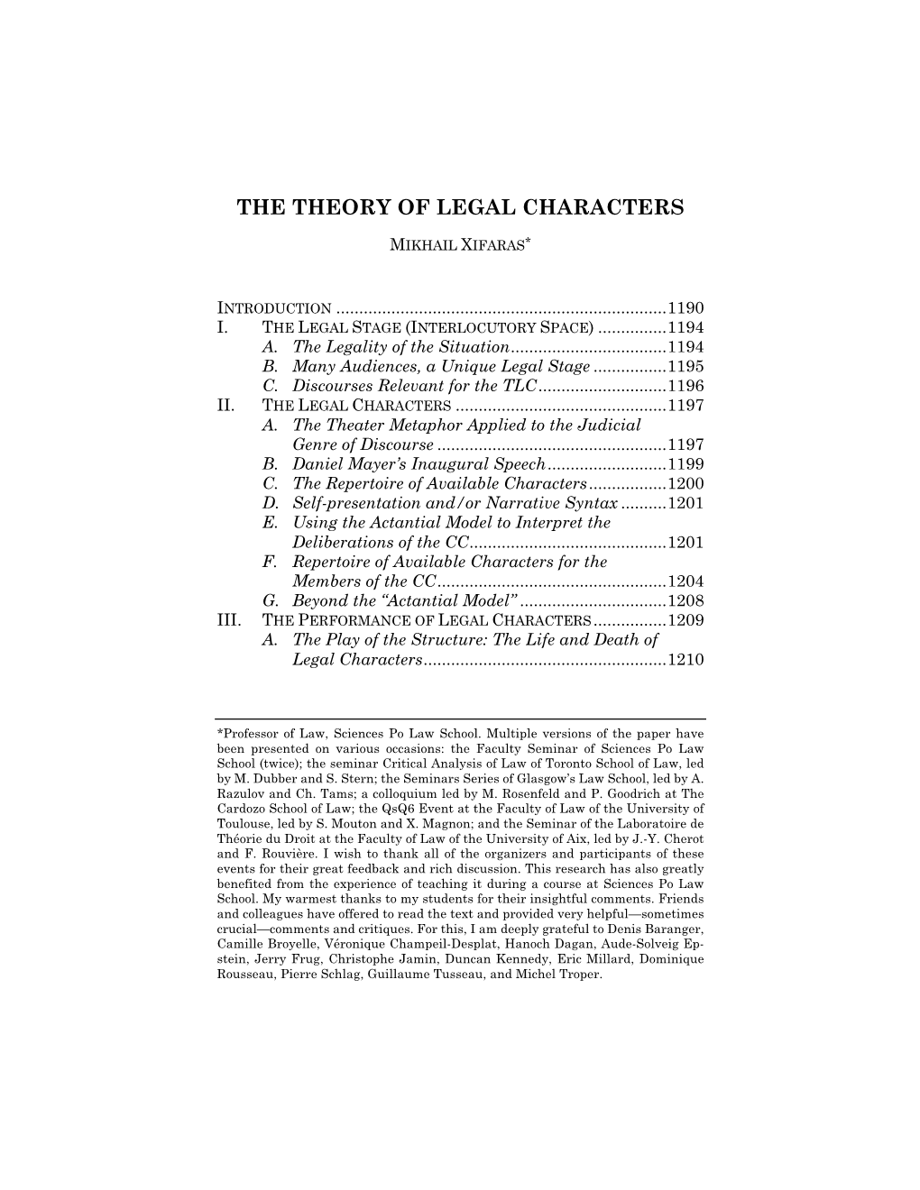 Xifaras, Theory of Legal Characters