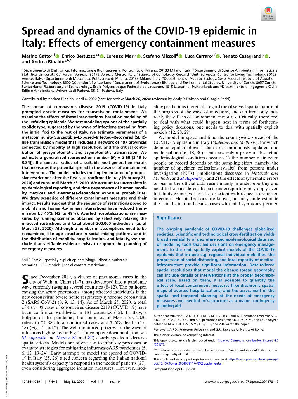 Spread and Dynamics of the COVID-19 Epidemic in Italy: Effects of Emergency Containment Measures