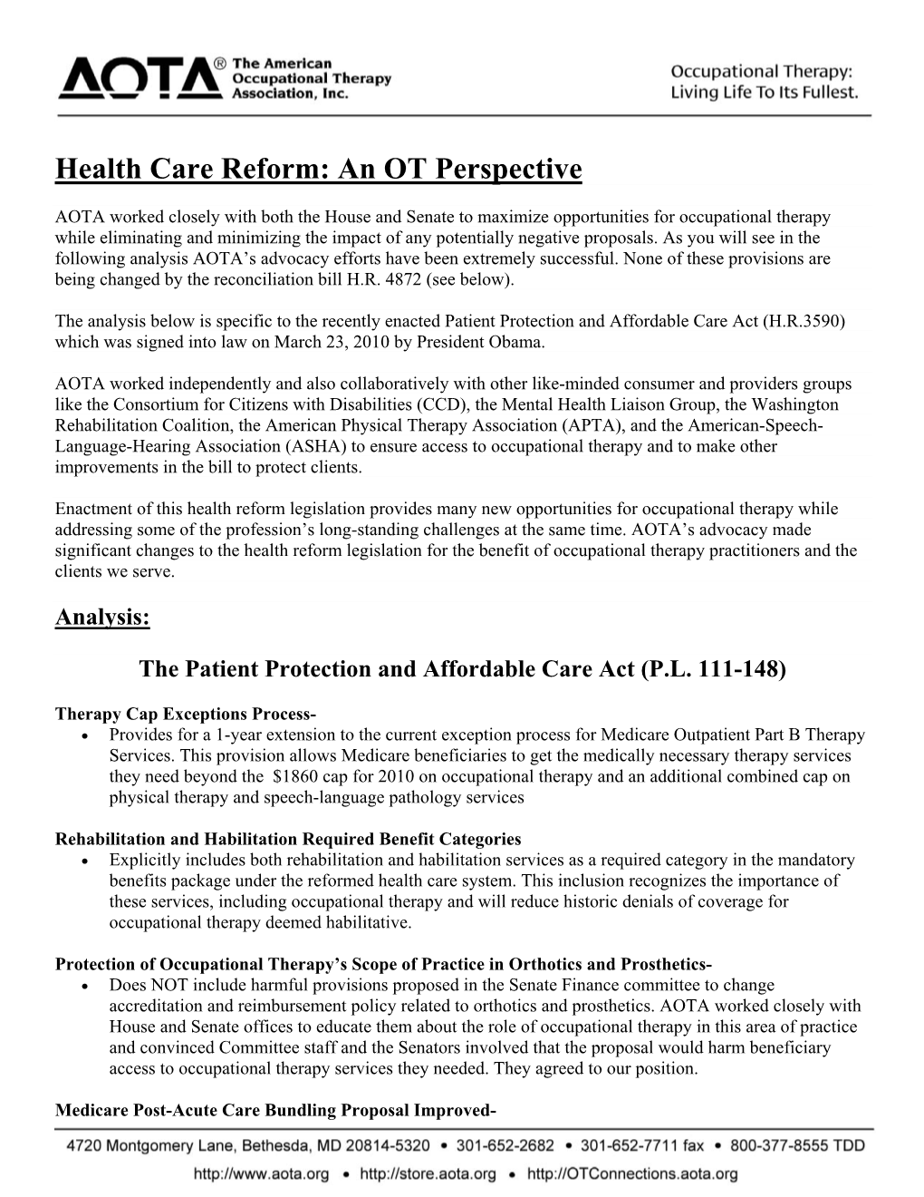 AOTA Analysis: Health Care Reform, an OT Perspective