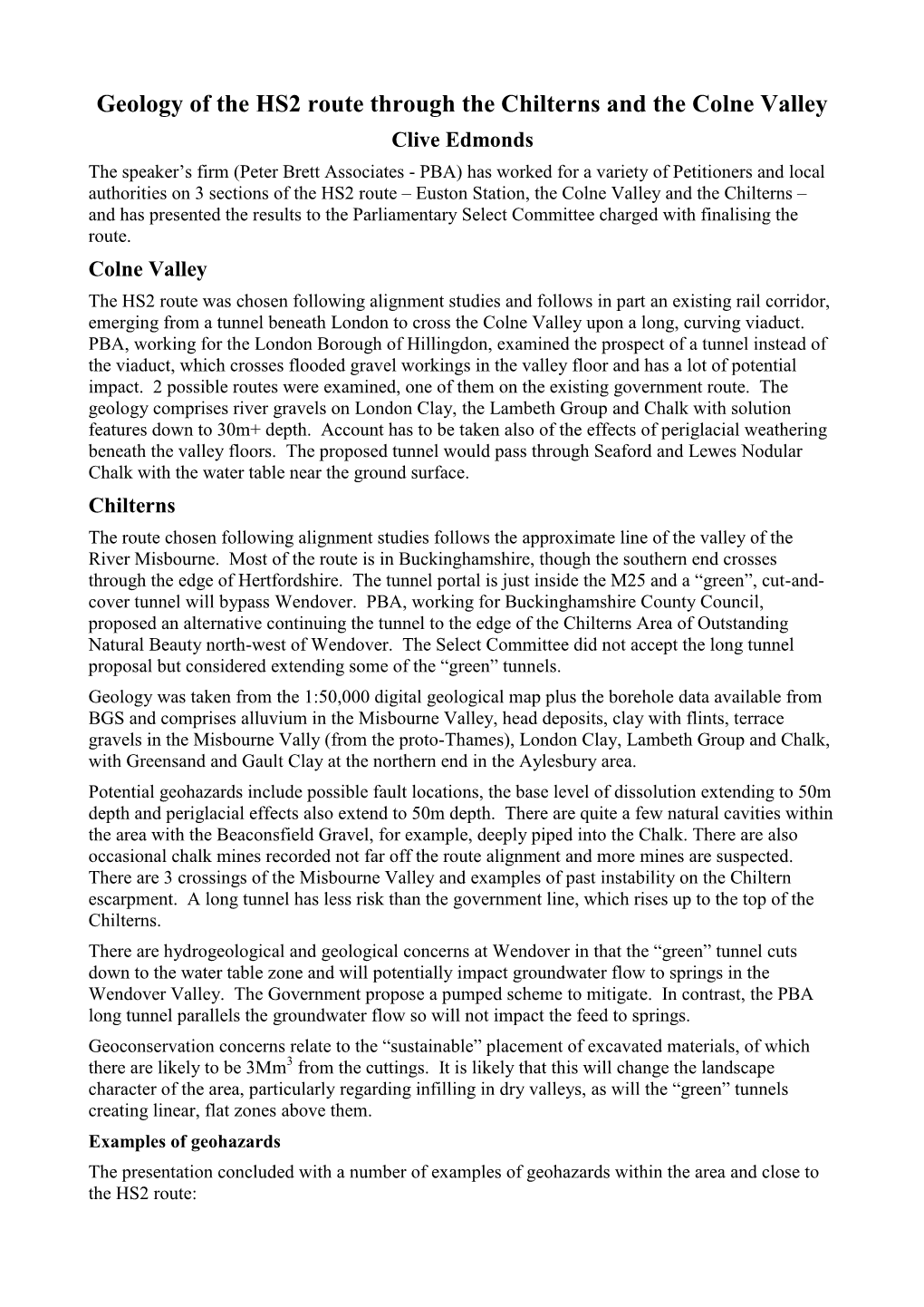 Geology of the HS2 Route Through the Chilterns and the Colne Valley