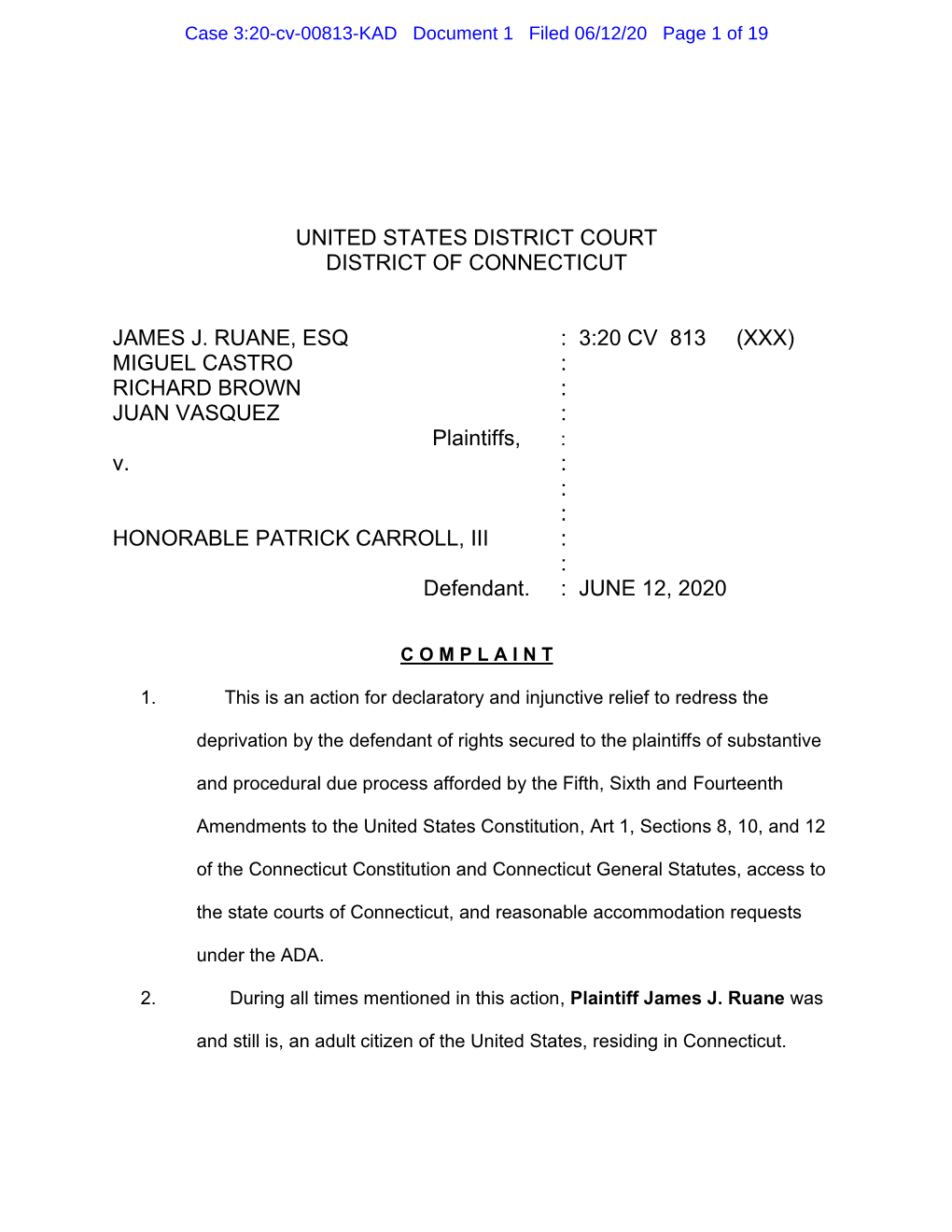 Case 3:20-Cv-00813-KAD Document 1 Filed 06/12/20 Page 1 of 19