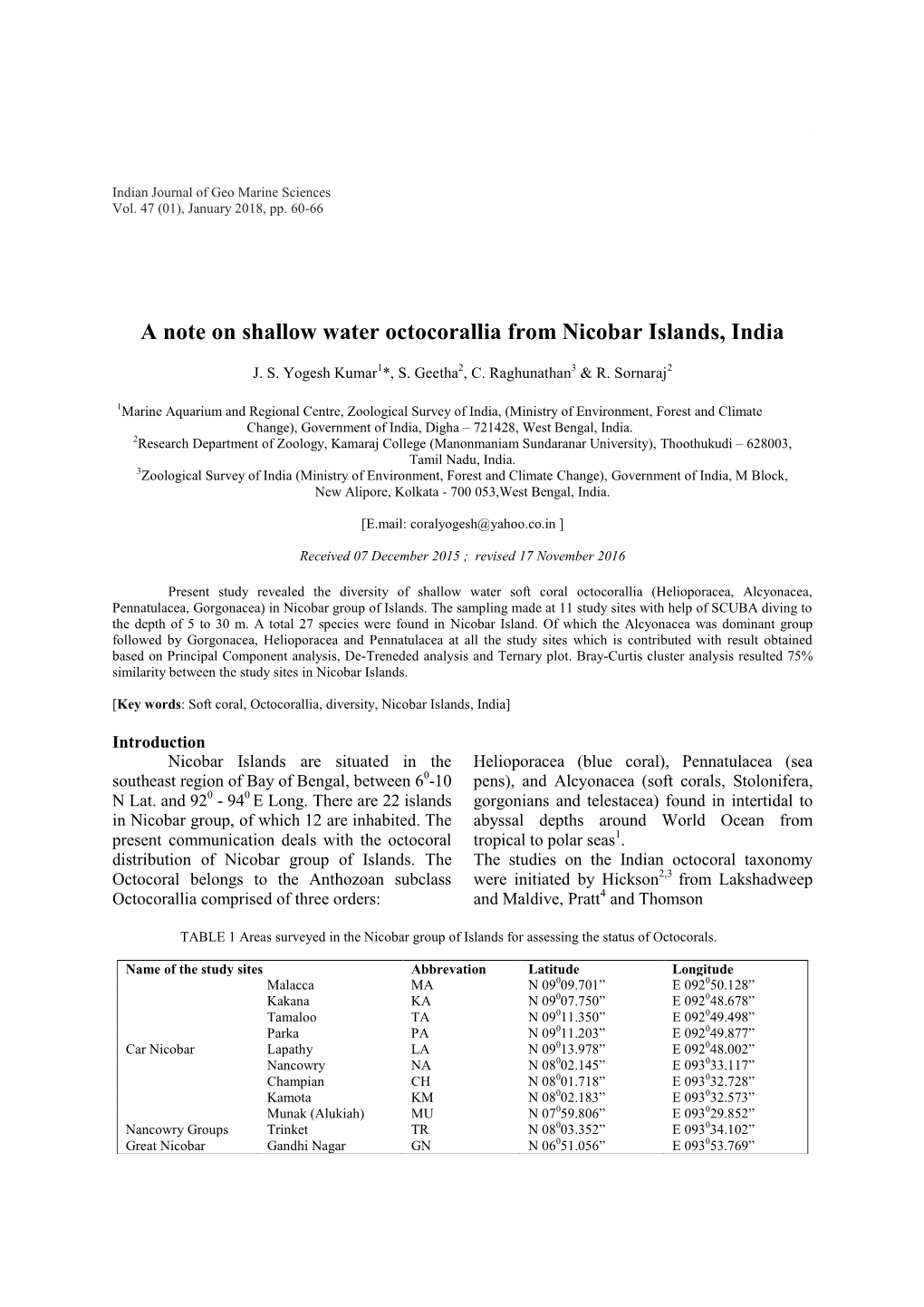 A Note on Shallow Water Octocorallia from Nicobar Islands, India