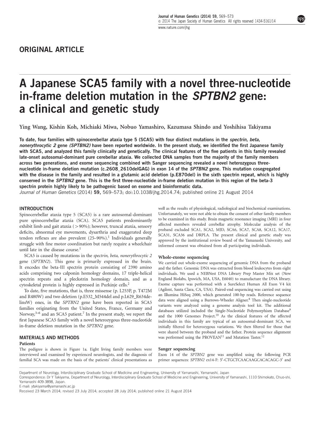 A Japanese SCA5 Family with a Novel Three-Nucleotide In-Frame Deletion Mutation in the SPTBN2 Gene: a Clinical and Genetic Study