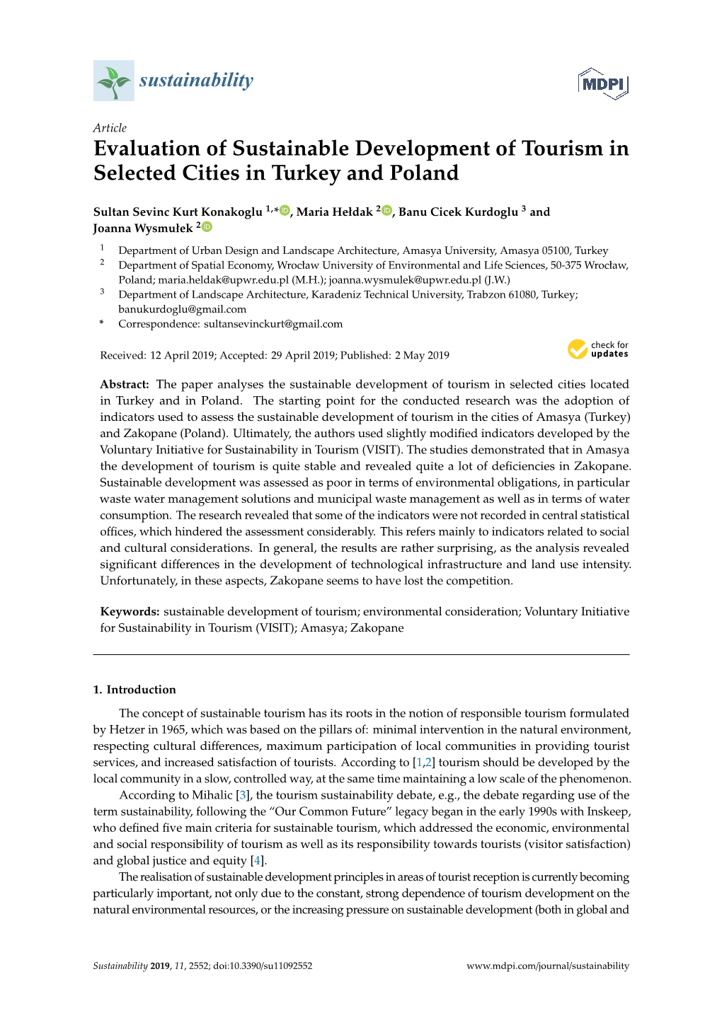 Evaluation of Sustainable Development of Tourism in Selected Cities in Turkey and Poland