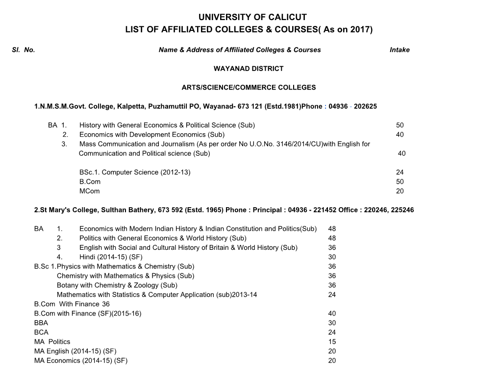 UNIVERSITY of CALICUT LIST of AFFILIATED COLLEGES & COURSES( As on 2017)