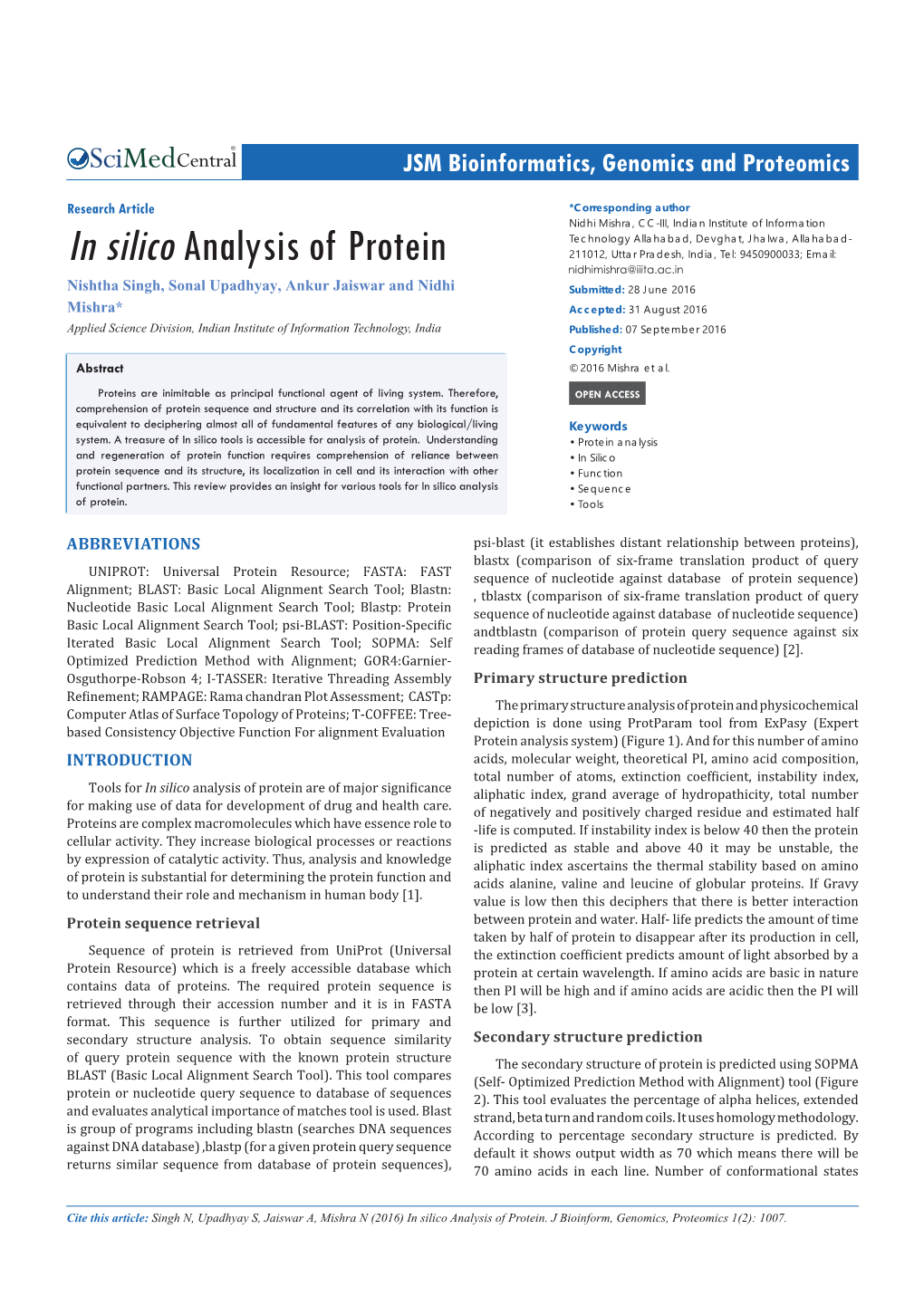 In Silico Analysis of Protein 211012, Uttar Pradesh, India, Tel: 9450900033; Email